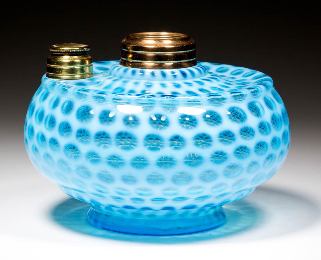 HOBBS NO. 326 WINDOWS / COIN DOT KEROSENE LAMP FONT: HOBBS NO. 326 WINDOWS / COIN DOT KEROSENE LAMP FONT, Sapphire/blue opalescent, No. 2 Taplin Brown collar. Hobbs, Brockunier & Co. Circa 1889. 4 1/4" H, 3 1/4" D base, 6" D overall. Literature: Paralle