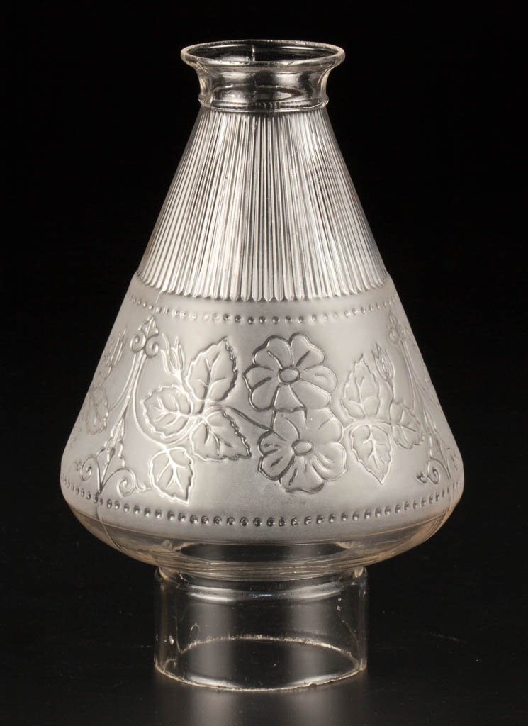 BLOWN-MOLDED NO. 1 CHRISTMAS TREE SLIP CHIMNEY: BLOWN-MOLDED NO. 1 CHRISTMAS TREE SLIP CHIMNEY, colorless with frosted finish to upper half, embossed with ribs over a frosted band with bead and floral band pattern. Dithridge Glass Co. or Mt. Washin