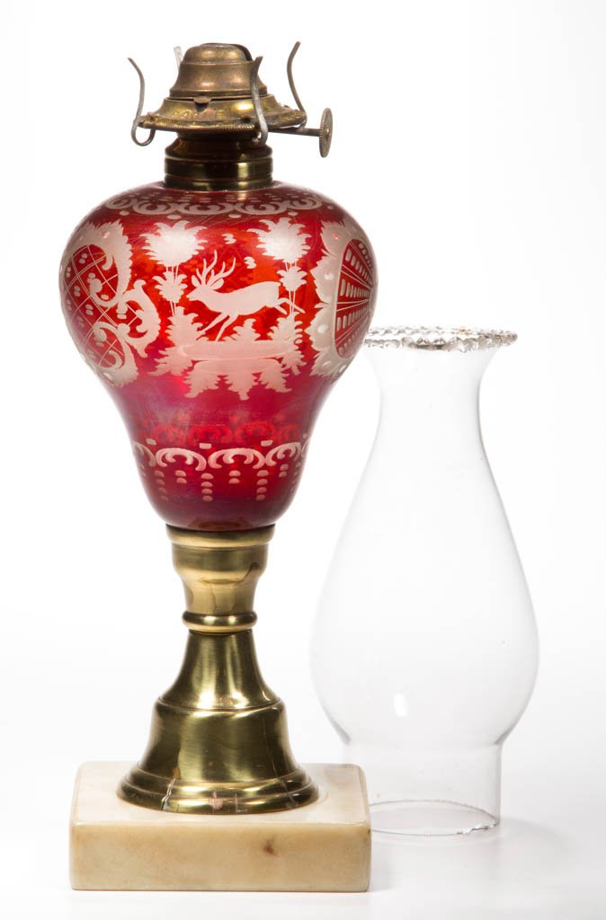 ENGRAVED RUBY STAINED KEROSENE STAND LAMP (1 of 1)