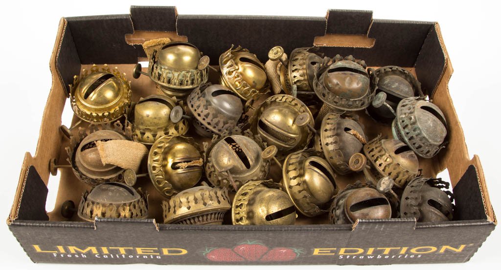 ASSORTED BRASS NO. 2 KEROSENE LAMP BURNERS, LOT OF 21 (1 of 1)