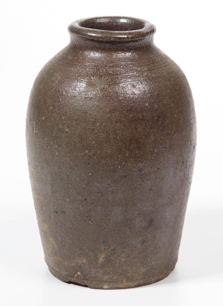 STAMPED "D. H. HENKEL.", PAGE CO., SHENANDOAH VALLEY OF: STAMPED "D. H. HENKEL.", PAGE CO., SHENANDOAH VALLEY OF VIRGINIA STONEWARE CANNING JAR / VASE, salt-glazed, approximately one-quart capacity, ovoid form with rounded mouth, beveled-edge foot, clamshel