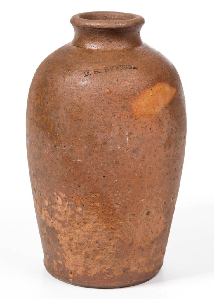 STAMPED "D. H. HENKEL.", PAGE CO., SHENANDOAH VALLEY OF: STAMPED "D. H. HENKEL.", PAGE CO., SHENANDOAH VALLEY OF VIRGINIA STONEWARE CANNING JAR, salt-glazed, approximately half-gallon capacity, tall ovoid form with rounded mouth, beveled-edge foot, clamshel