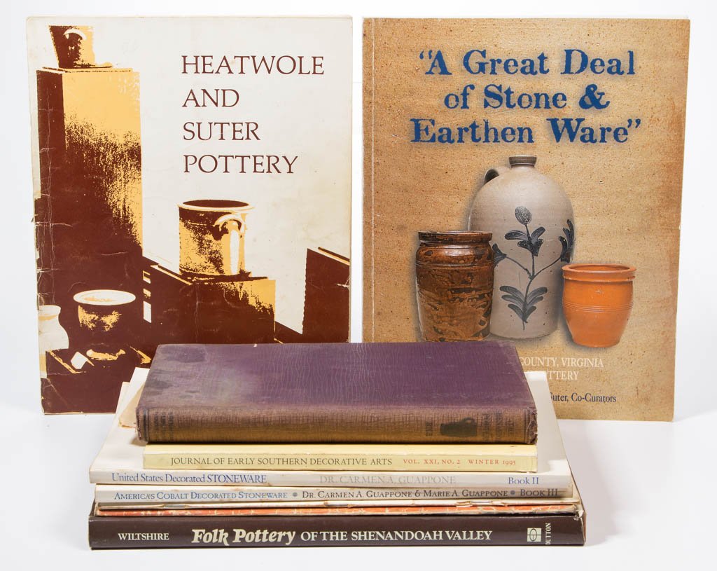 SHENANDOAH VALLEY OF VIRGINIA AND OTHER POTTERY: SHENANDOAH VALLEY OF VIRGINIA AND OTHER POTTERY REFERENCE VOLUMES, LOT OF NINE, including Rice/Stoudt, "The Shenandoah Pottery"; Evans/Suter, "A Great Deal of Stone & Earthenware - The Rockingham Coun