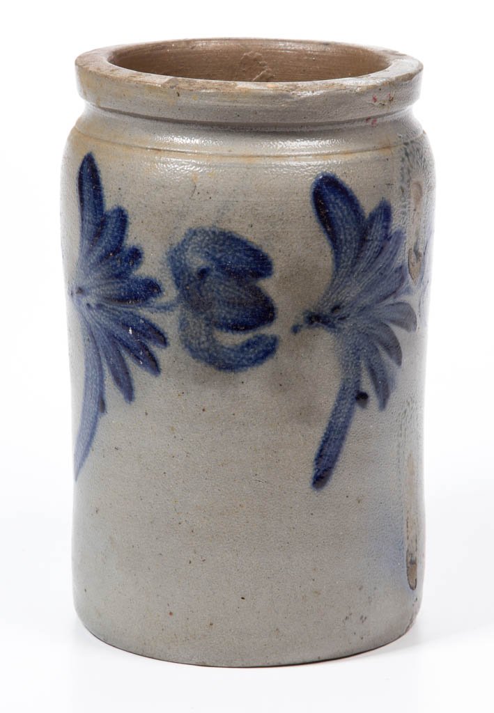 BALTIMORE, MARYLAND DECORATED STONEWARE JAR: BALTIMORE, MARYLAND DECORATED STONEWARE JAR, salt-glazed, approximately half-gallon capacity, shouldered cylindrical form with squared rim. Brushed cobalt horizontal tulip and feathered leaf decoratio