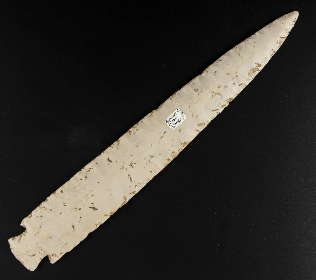 NATIVE AMERICAN STONE POINT: NATIVE AMERICAN STONE POINT, notched, with slight curve, very large specimen, probably ceremonial. Marked in ink on sticker "Kankakee Co. Illinois, 3/14/62." Attributed by William Jack Hranicky as Dov