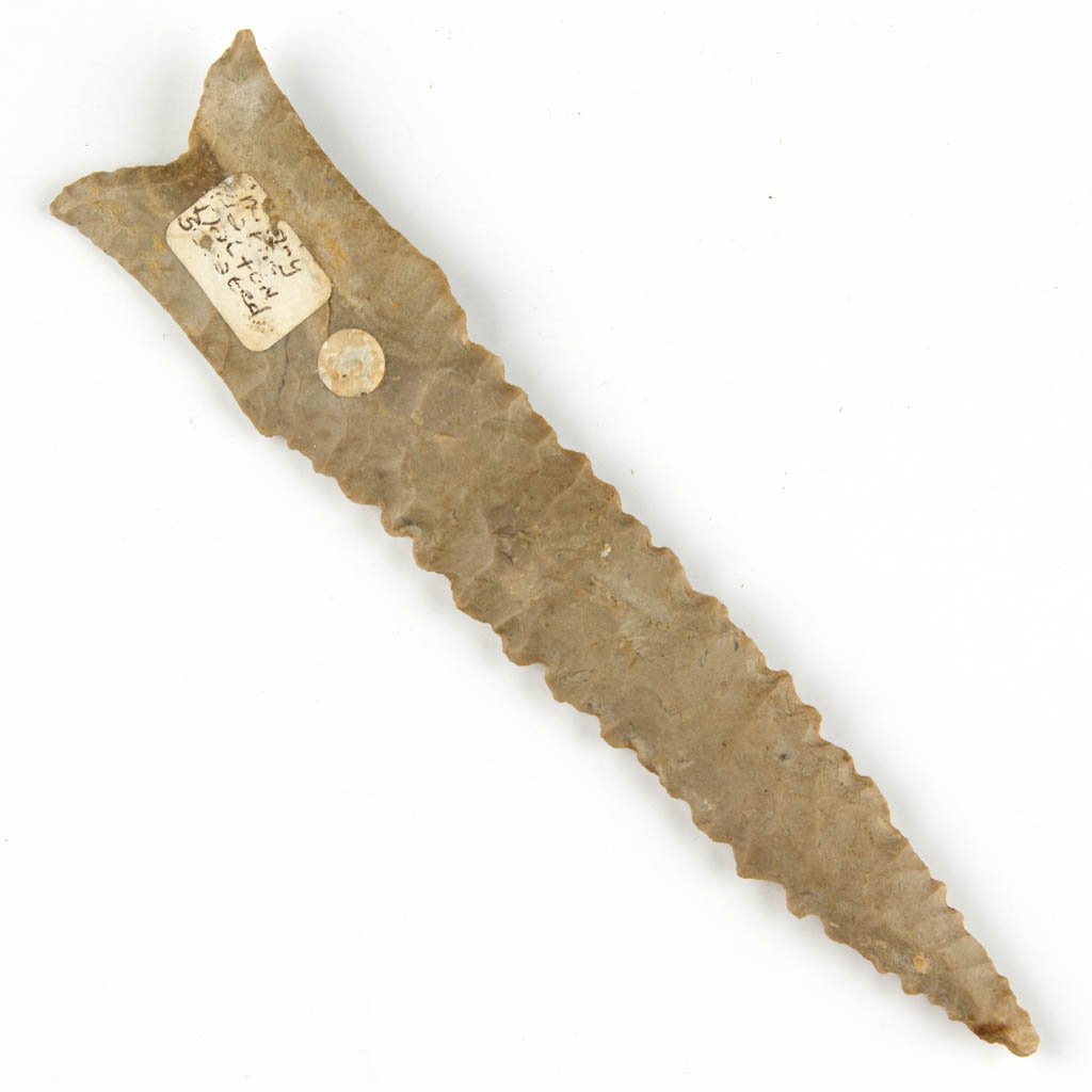 NATIVE AMERICAN STONE POINT: NATIVE AMERICAN STONE POINT, unfluted lanceolate, concave base, serrated edges. Attributed by William Jack Hranicky as Dalton point. Attributed to Paleoindian period, 12,000-8,000 B.C. 6" L. Provenanc