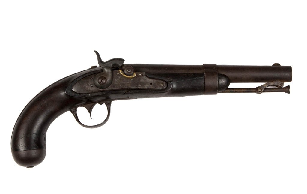 U. S. MODEL 1836 A. WATERS FAYETTEVILLE CONVERSION: U. S. MODEL 1836 A. WATERS FAYETTEVILLE CONVERSION PERCUSSION PISTOL, lockplate marked "A. WATERS / MILBURY MS. / 1840" under eagle head, with inspector's mark to barrel "NWP" for Nahum W. Patch, and 
