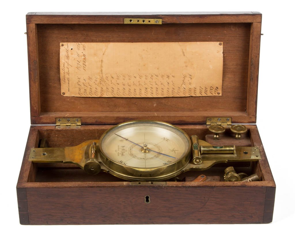 SIGNED HORACE MINOT POOL (1803-1878), EASTON,: SIGNED HORACE MINOT POOL (1803-1878), EASTON, MASSACHUSETTS BRASS COMPASS / SURVEYOR'S VERNIER, engraved dial signed "H. M. Pool, / Easton, Mass.", two levels one arm, two uprights and connectors, and