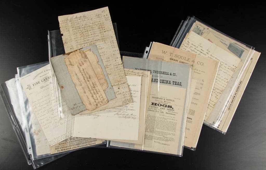 VIRGINIA AND OTHER EPHEMERA: VIRGINIA AND OTHER EPHEMERA, uncounted lot, primarily comprising advertisements, receipts, and bills of sale, including a letter on stationary for "Clinedinst & Bodell, Manufacturers of Fine Carriages