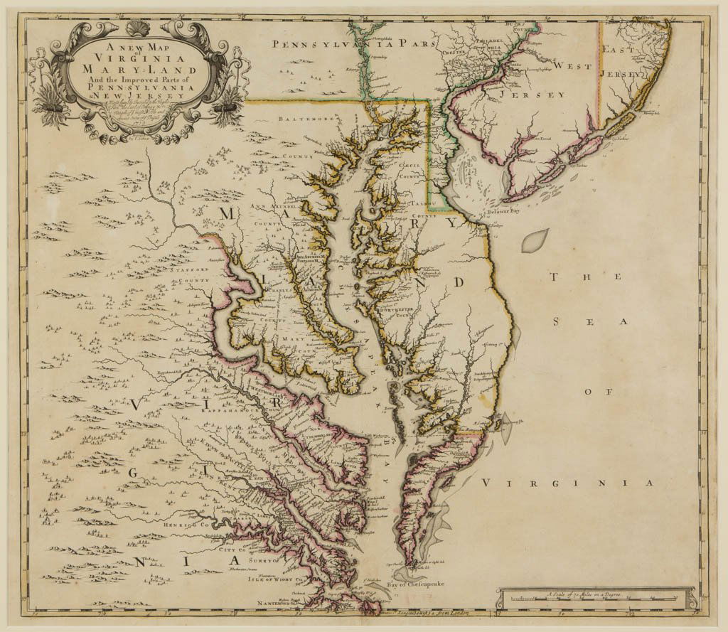 JOHN SENEX (BRITISH, 1678-1740) AND CHRISTOPHER BROWNE: JOHN SENEX (BRITISH, 1678-1740) AND CHRISTOPHER BROWNE (BRITISH, 17TH CENTURY) MAP OF VIRGINIA AND MARYLAND, hand-colored engraving on paper, titled "A New Map of Virginia and Maryland / And the Impro