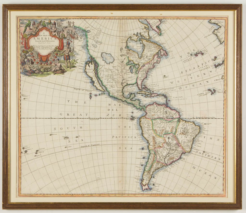 JOHN SENEX (BRITISH, 1678-1740) MAP OF THE WESTERN: JOHN SENEX (BRITISH, 1678-1740) MAP OF THE WESTERN HEMISPHERE, hand-colored engraving on paper, titled "A New Map of America From the Latest Observations / Revised by J. Senex / Most Humbly Inscribed