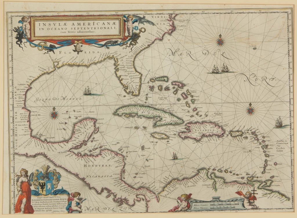 WILLEM JANSZOON BLAEU (DUTCH, 1571-1638) MAP OF THE: WILLEM JANSZOON BLAEU (DUTCH, 1571-1638) MAP OF THE CARIBBEAN, hand-colored engraving on paper, titled "Insulae Americanae In Oceano Septentrionali cum Terris adiacentibus". Retains old hand-coloring.