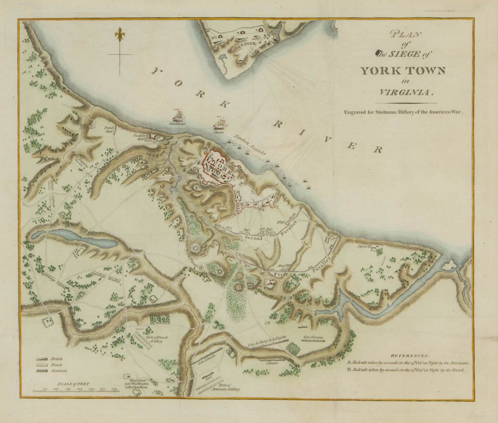 CHARLES STEDMAN (BRITISH, 1753-1812) MAP OF THE SIEGE: CHARLES STEDMAN (BRITISH, 1753-1812) MAP OF THE SIEGE AT YORKTOWN, hand-colored engraving on paper, published in Stedman's "The History of the Origin, Progress, and Termination of the American War", L