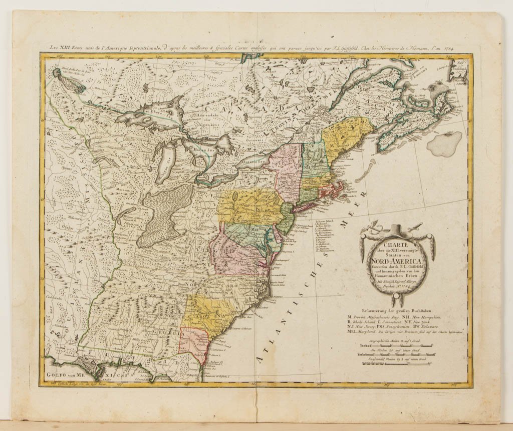 FRANZ LUDWIG GUSSEFELD (GERMAN, 1744-1807 HEIRS OF: FRANZ LUDWIG GUSSEFELD (GERMAN, 1744-1807 HEIRS OF JOHANN BAPTIST HOMANN (GERMAN, 1664-1724) MAP OF THE UNITED STATES, hand-colored engraving on paper, titled in German "Charte Uber Die XIII Vereingte