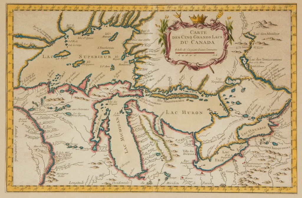 JACQUES NICOLAS BELLIN (FRENCH, 1703-1772) MAP OF THE: JACQUES NICOLAS BELLIN (FRENCH, 1703-1772) MAP OF THE GREAT LAKES, hand-colored engraving on paper, titled "Carte Des Cinq Grands Lacs Du Canada". Published in Paris, 1764. Retains old hand-colored ou