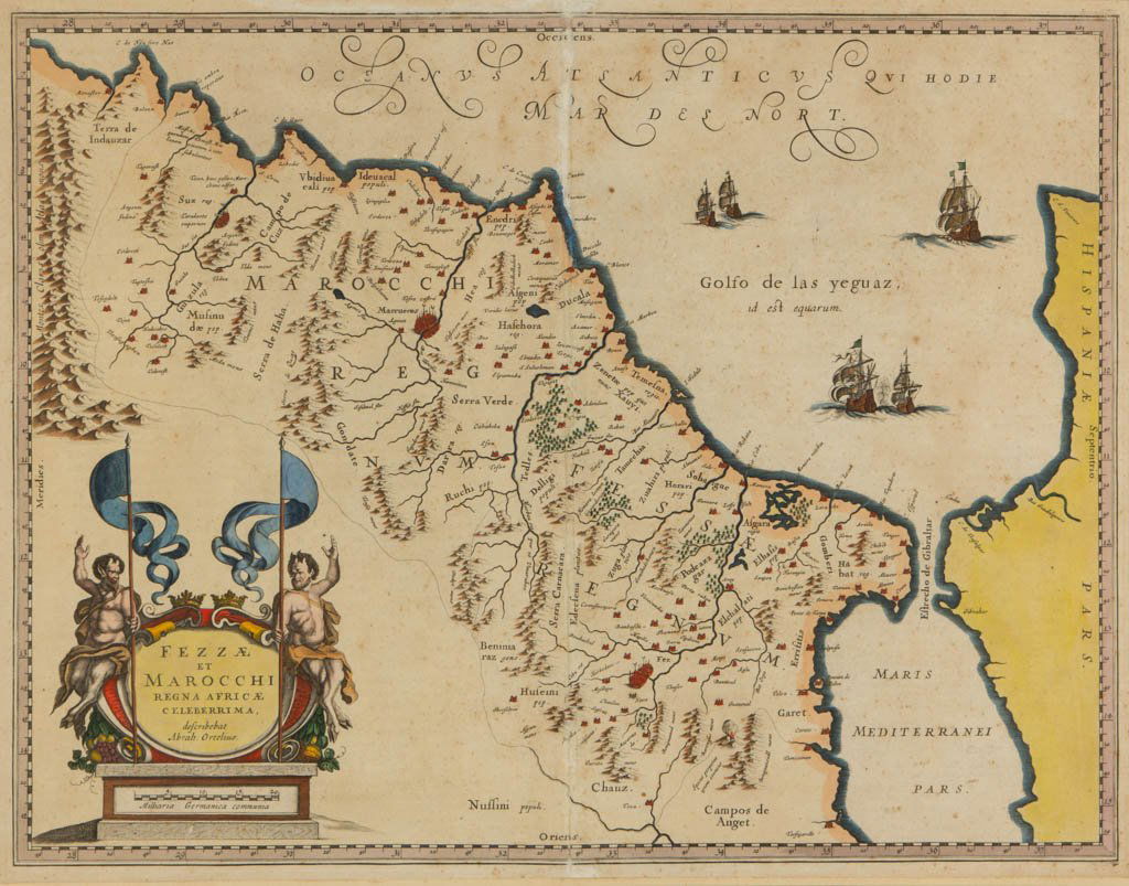 WILLEM JANSZOON BLAEU (DUTCH, 1571-1638) AFTER ABRAHAM: WILLEM JANSZOON BLAEU (DUTCH, 1571-1638) AFTER ABRAHAM ORTELIUS (FLEMISH, 1527-1598) MAP OF MOROCCO, hand-colored engraving on paper, titled "Fezze Et Marocchi Regna Africae Celeberrima". From "Teatru