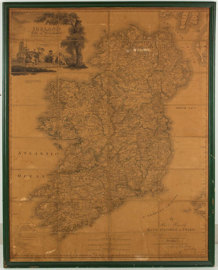 WILLIAM FADEN (BRITISH, 1749-1836) MAP OF IRELAND: WILLIAM FADEN (BRITISH, 1749-1836) MAP OF IRELAND, engraving on paper laid on linen, titled "Ireland Civil and Ecclesiastical" and dedicated to "His Majesty King George the Third", with early hand-col