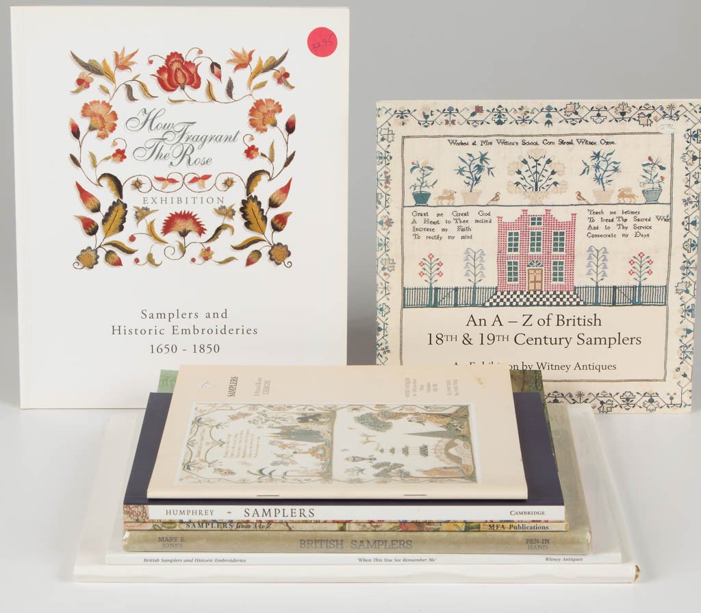 EUROPEAN SAMPLERS REFERENCE VOLUMES, LOT OF EIGHT: EUROPEAN SAMPLERS REFERENCE VOLUMES, LOT OF EIGHT, including Staples/Hogue, "Samplers in the European Tradition"; and four exhibition catalogues published by Witney Antiques, Oxon, England. Hard and s