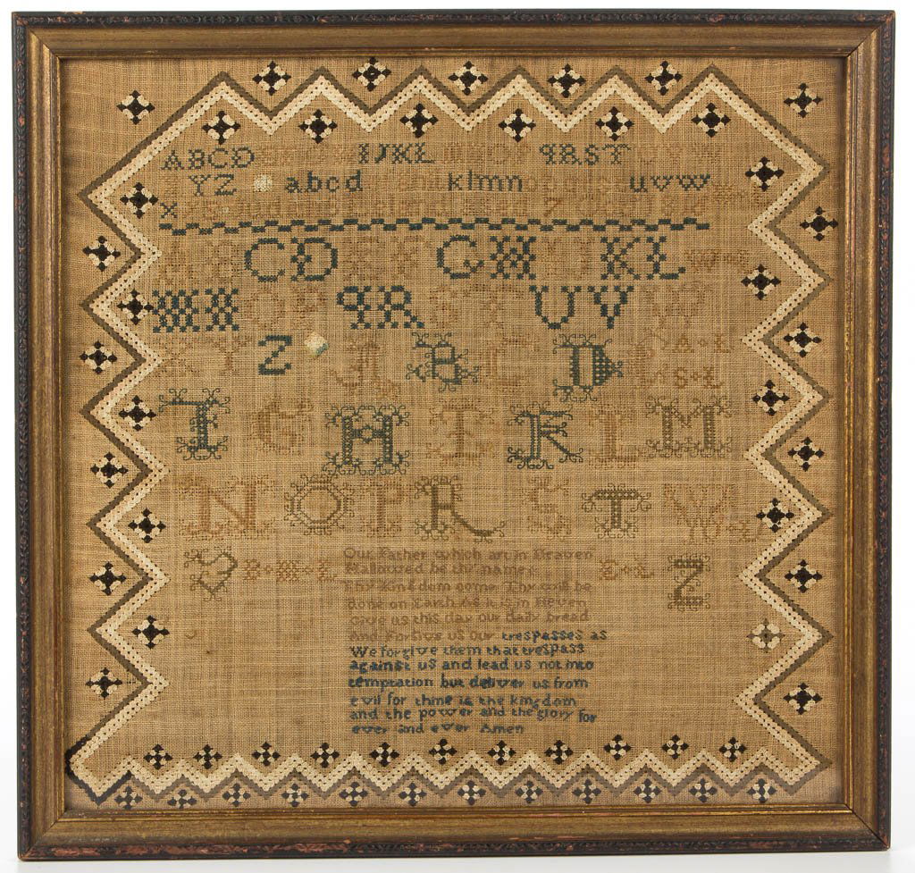 JUDITH SMITH LELAND (VIRGINIA-OHIO, C. 1807-1896): JUDITH SMITH LELAND (VIRGINIA-OHIO, C. 1807-1896) NEEDLEWORK SAMPLER, silk on linen, eight alphabet and numeral rows, including inscription "Judith S. Leland / Aged 7 / Oct. 1816" above The "Lord's Pr
