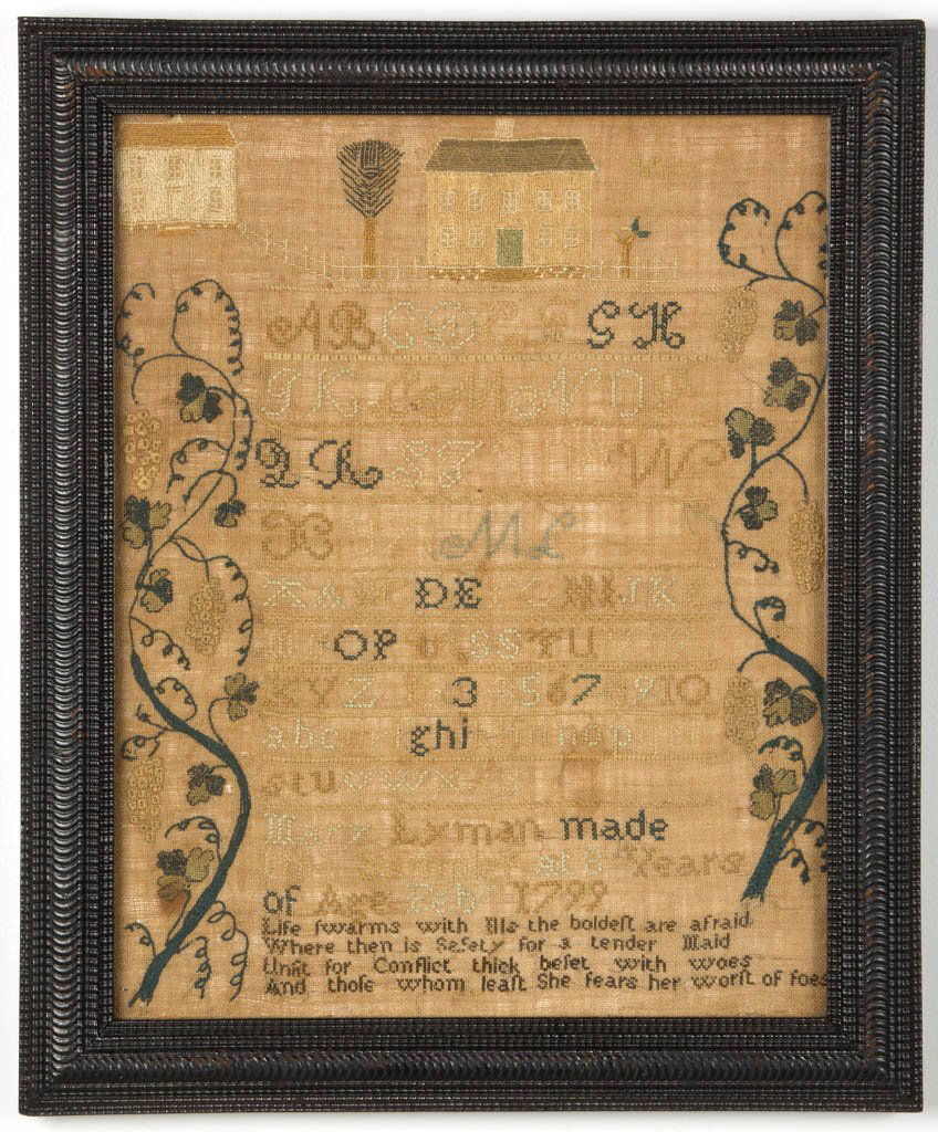 MARY LYMAN (CONNECTICUT OR VERMONT) PICTORIAL: MARY LYMAN (CONNECTICUT OR VERMONT) PICTORIAL NEEDLEWORK SAMPLER, silk on linen, a fine folky composition, the uppermost panel featuring two houses, trees, and fence, over nine alphabet and numeral ro