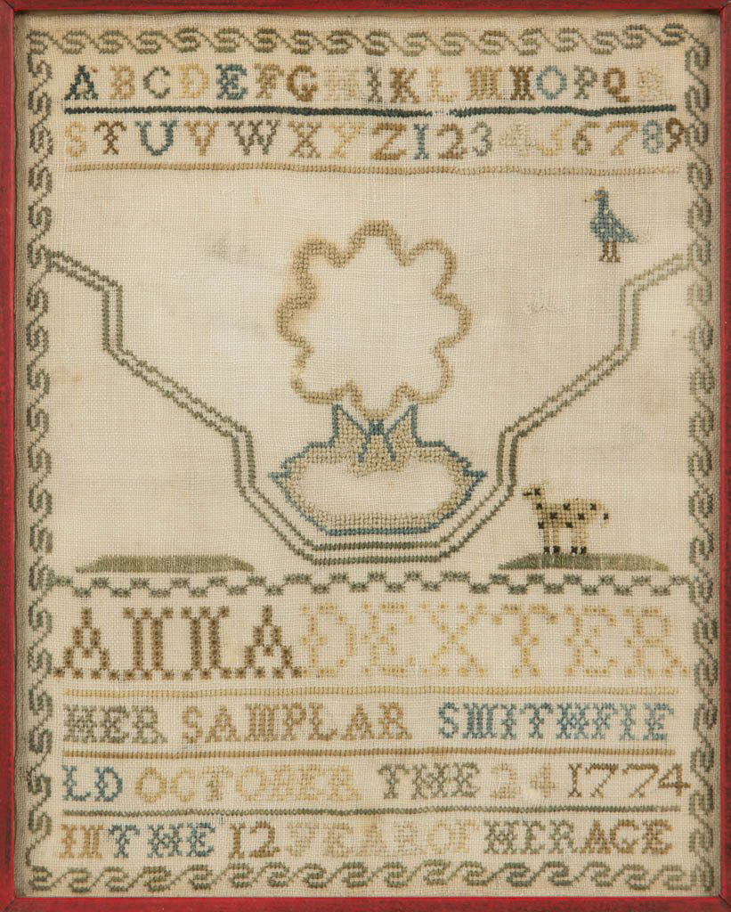 ANNA DEXTER (RHODE ISLAND, 1763-1839) NEEDLEWORK: ANNA DEXTER (RHODE ISLAND, 1763-1839) NEEDLEWORK SAMPLER, silk on linen, having two rows of alphabet and numerals over a pictorial center panel featuring a spotted deer, bird, and floral device (likel