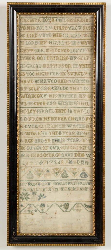 ELIZABETH WRENN (BRITISH) NEEDLEWORK SAMPLER: ELIZABETH WRENN (BRITISH) NEEDLEWORK SAMPLER, silk on linen, an early Georgian band form, having a lengthy verse above the inscription "Elizabeth Wrenn / Her Work / And In The 11 Year Of Her Age / And