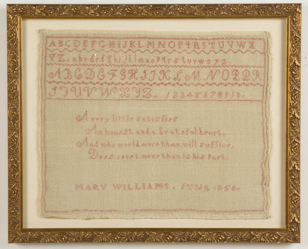 MARY WILLIAMS (AMERICAN) NEEDLEWORK SAMPLER: MARY WILLIAMS (AMERICAN) NEEDLEWORK SAMPLER, silk on linen, a simple example on a coarse linen ground, featuring four alphabet and numeral rows over a short verse and "Mary Williams. June 1856". House