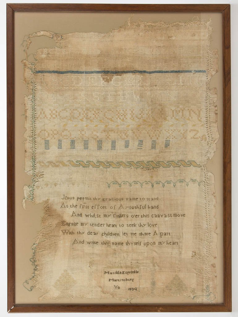MATILDA E. SPRINKLE (MARTINSBURG, VIRGINIA, D. 1904): MATILDA E. SPRINKLE (MARTINSBURG, VIRGINIA, D. 1904) NEEDLEWORK SAMPLER, silk on linen, large format, with nine alphabet and numeral rows over a short verse above inscription "Matilda E. Sprinkle / Ma