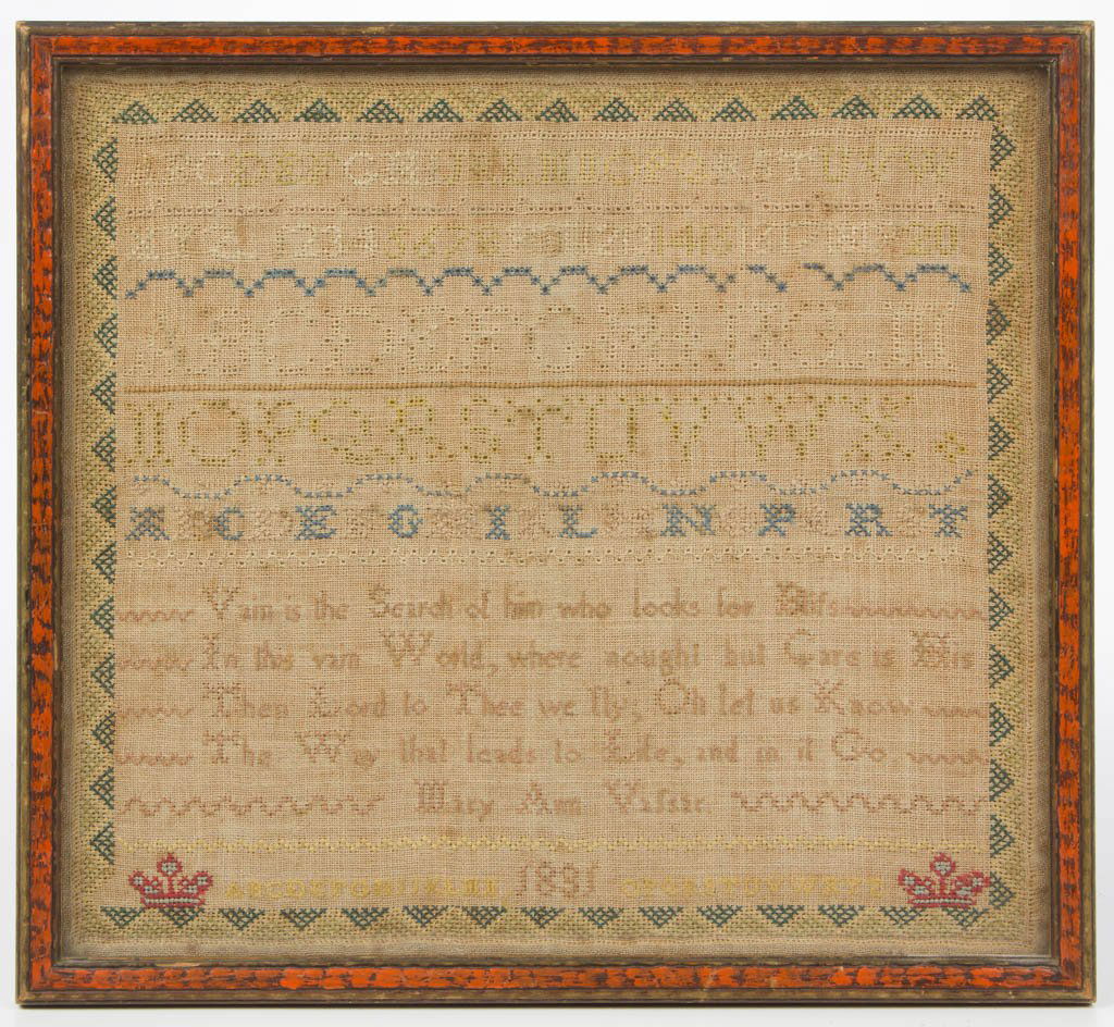 MARY ANN WASSER (BRITISH) NEEDLEWORK SAMPLER: MARY ANN WASSER (BRITISH) NEEDLEWORK SAMPLER, silk on linen, five alphabet and numeral rows over a short verse, all within a sawtooth border. Housed under glass in an old painted frame. Circa 1831. 10