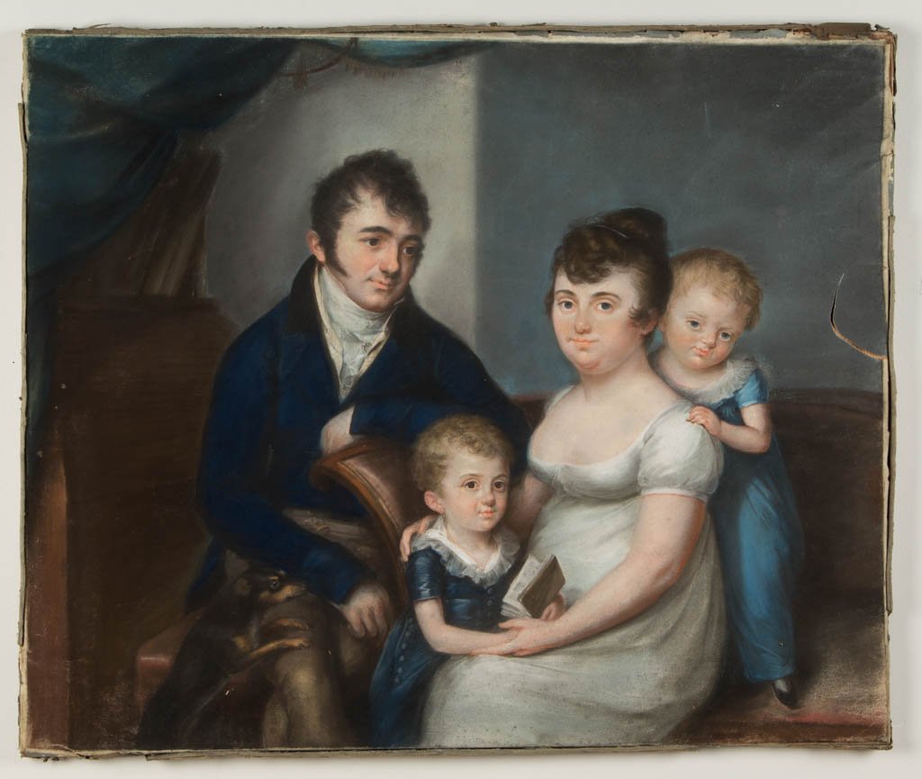 AMERICAN OR BRITISH SCHOOL (EARLY 19TH CENTURY) FAMILY: AMERICAN OR BRITISH SCHOOL (EARLY 19TH CENTURY) FAMILY PORTRAIT, pastel on paper laid down on canvas, a charming composition featuring a mother and two young sons seated on a sofa with the father in a