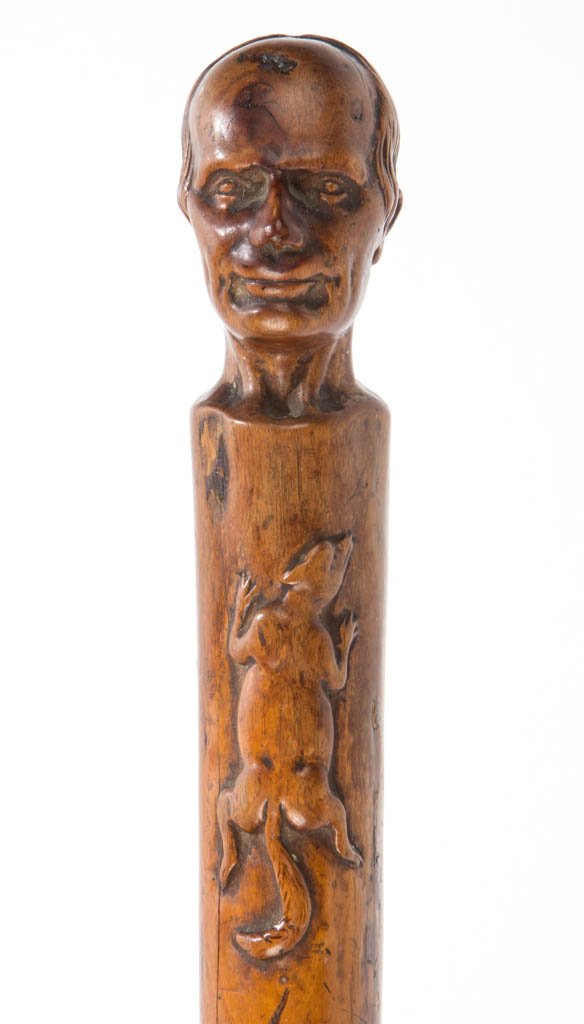 AMERICAN, POSSIBLY SOUTHERN, FOLK ART CARVED POLITICAL: AMERICAN, POSSIBLY SOUTHERN, FOLK ART CARVED POLITICAL CANE / WALKING STICK, an outstanding example, finely executed, featuring a bust of what appears to be Henry Clay with a squirrel depicted on shaf