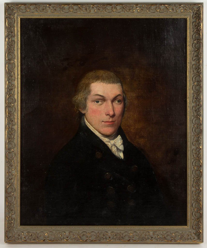 AMERICAN OR BRITISH SCHOOL (19TH CENTURY) PORTRAIT OF A: AMERICAN OR BRITISH SCHOOL (19TH CENTURY) PORTRAIT OF A GENTLEMAN, oil on canvas, a bust-length example, sitter with crooked eyes, wearing a double-breasted jacket. No signature located. Housed in a m