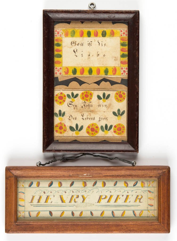 PENNSYLVANIA FRAKTUR BOOKPLATE: PENNSYLVANIA FRAKTUR BOOKPLATE, watercolor and ink on paper, inscribed in German and applied to cut-work paper backing (possibly later), housed under glass in an old molded wood frame. Together with a