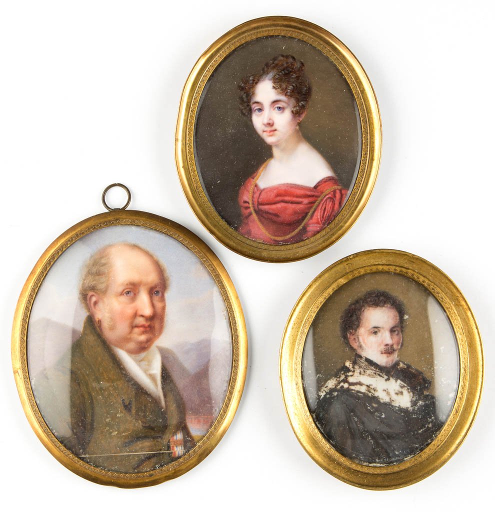 AMERICAN OR BRITISH SCHOOL (19TH CENTURY) MINIATURE: AMERICAN OR BRITISH SCHOOL (19TH CENTURY) MINIATURE PORTRAITS, LOT OF THREE, watercolor on ivory (each), highlighted by a fine bust-length depiction of a young lady in partial profile, wearing a red d