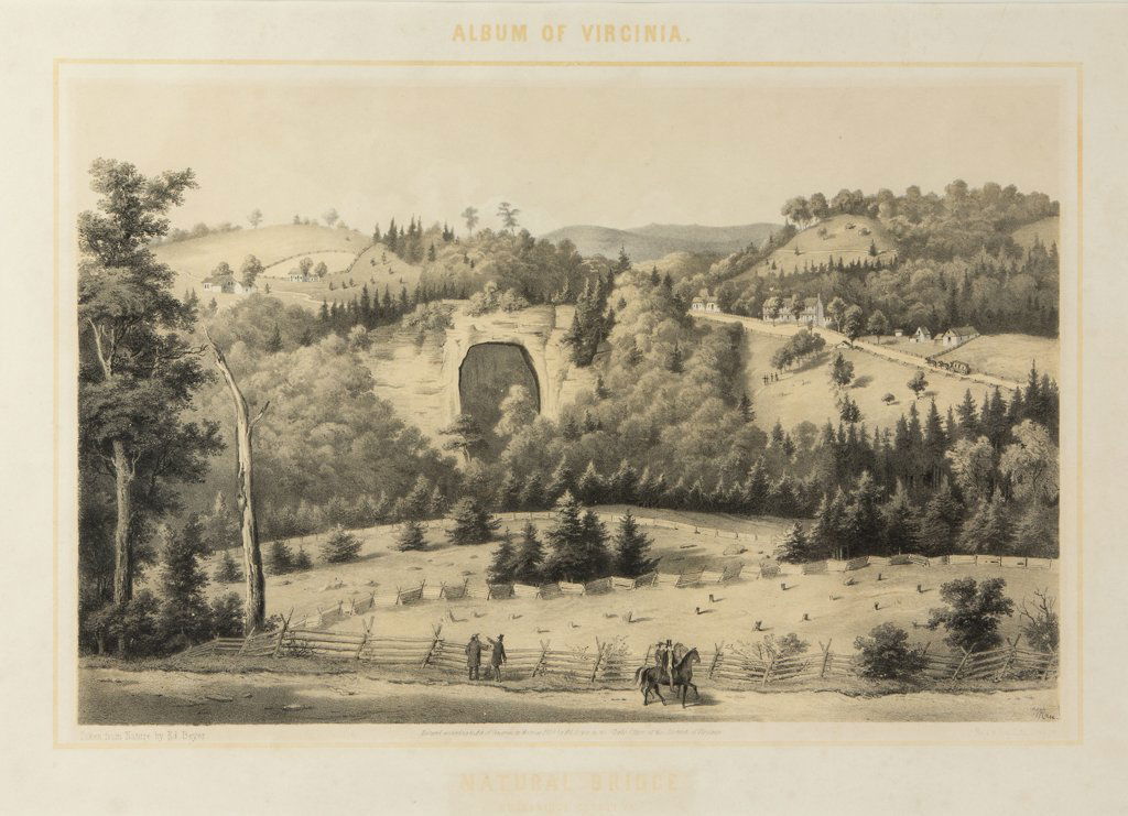 EDWARD BEYER (1820-1865) "ALBUM OF VIRGINIA" PRINT: EDWARD BEYER (1820-1865) "ALBUM OF VIRGINIA" PRINT, color lithograph on paper, titled "Natural Bridge / Rockbridge Co., Va", 1858. Professionally matted and housed under glass in a modern frame. Third
