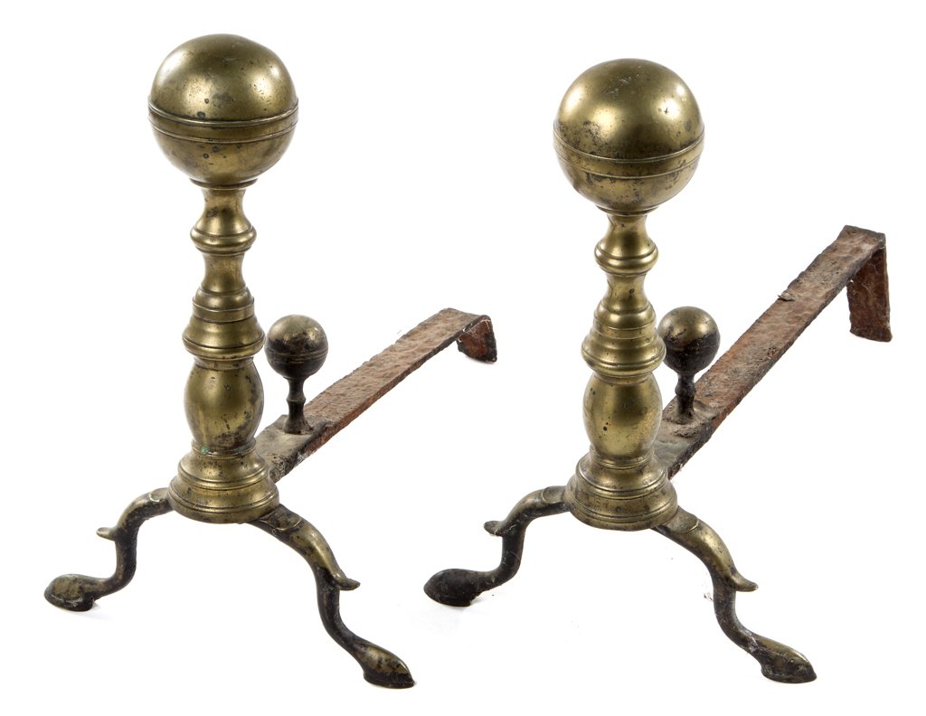 AMERICAN FEDERAL BRASS PAIR OF ANDIRONS: AMERICAN FEDERAL BRASS PAIR OF ANDIRONS, each with ringed-ball top, slipper feet, and ball-top log stops, orirginial wrought-iron log supports. Probably Boston, MA. Circa 1800. 17" H, 17 1/2" L.