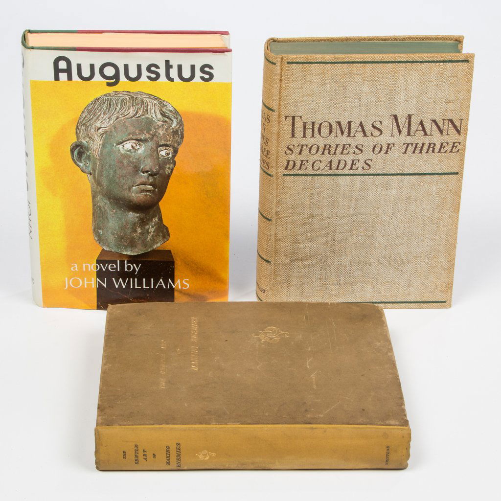 ASSORTED AMERICAN AND ENGLISH LITERATURE AND ART: ASSORTED AMERICAN AND ENGLISH LITERATURE AND ART VOLUMES, LOT OF THREE, comprising John Williams, "Augustus", 1972, first edition, Viking Press, New York, with dust jacket; Thomas Mann, "Stories of Th
