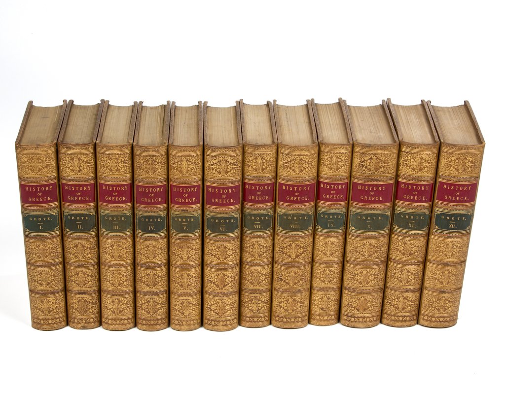 CLASSICAL HISTORY VOLUMES, SET OF 12: CLASSICAL HISTORY VOLUMES, SET OF 12, George Grote (1794-1871), "History of Greece", second edition, 1849-1856, published by John Murray, London; bound in leather, with red and green labels to spine,