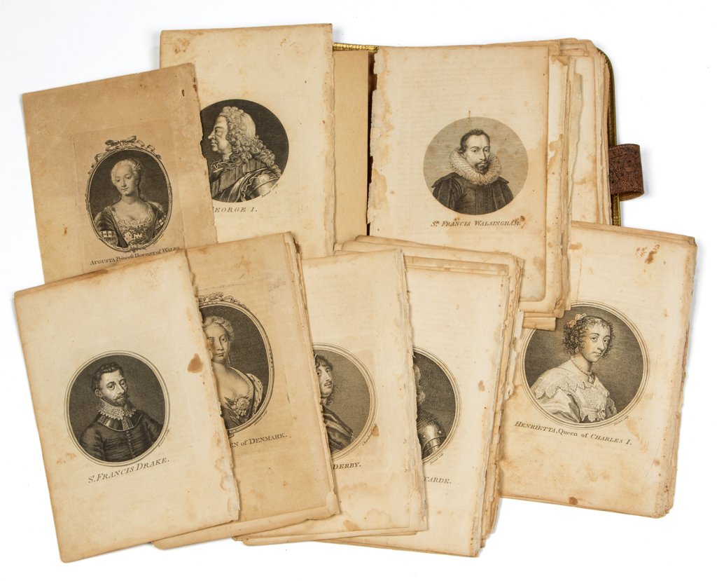 EIGHTEENTH CENTURY BOOK FRONTISPIECE PORTRAITS: EIGHTEENTH CENTURY BOOK FRONTISPIECE PORTRAITS, uncounted lot, including "George I", "Augusta, Princess Dowager of Wales", "Frederick, Prince of Wales", "Cavendish, Duke of Newcastle", "Sr. Francis Dr