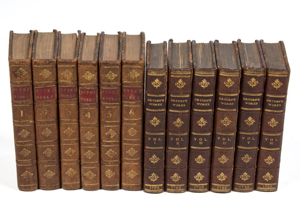 ENGLISH LITERATURE VOLUMES, LOT OF 12: ENGLISH LITERATURE VOLUMES, LOT OF 12, comprising "The Works of Alexander Pope, Esq.", 1772, in six volumes, London, Volume 1 with engraved portrait frontispiece; and "The Dramatick Works of John Dryd