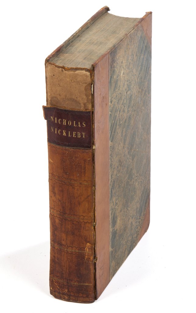 ENGLISH LITERATURE VOLUME: ENGLISH LITERATURE VOLUME, Charles Dickens (1812-1870), "The Life and Adventures of Nicholas Nickleby", 1839, Chapman and Hall, London; bound in leather, with marbled boards and leather corners, red l