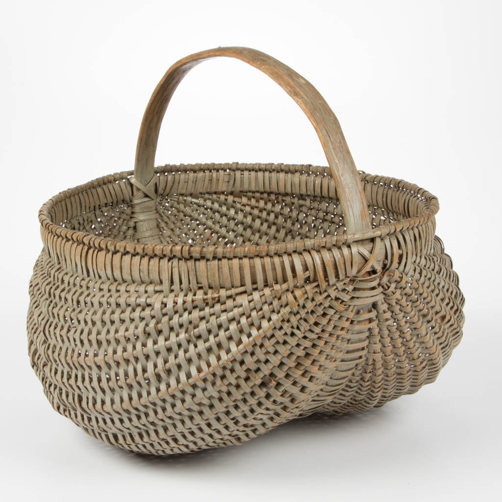 SHENANDOAH VALLEY OF VIRGINIA PAINTED RIB-TYPE: SHENANDOAH VALLEY OF VIRGINIA PAINTED RIB-TYPE WOVEN-SPLINT BASKET, white oak, heavy kidney-form with double wrapped rim, arched handle, and simple X-shape handle supports. Early, likely original gray
