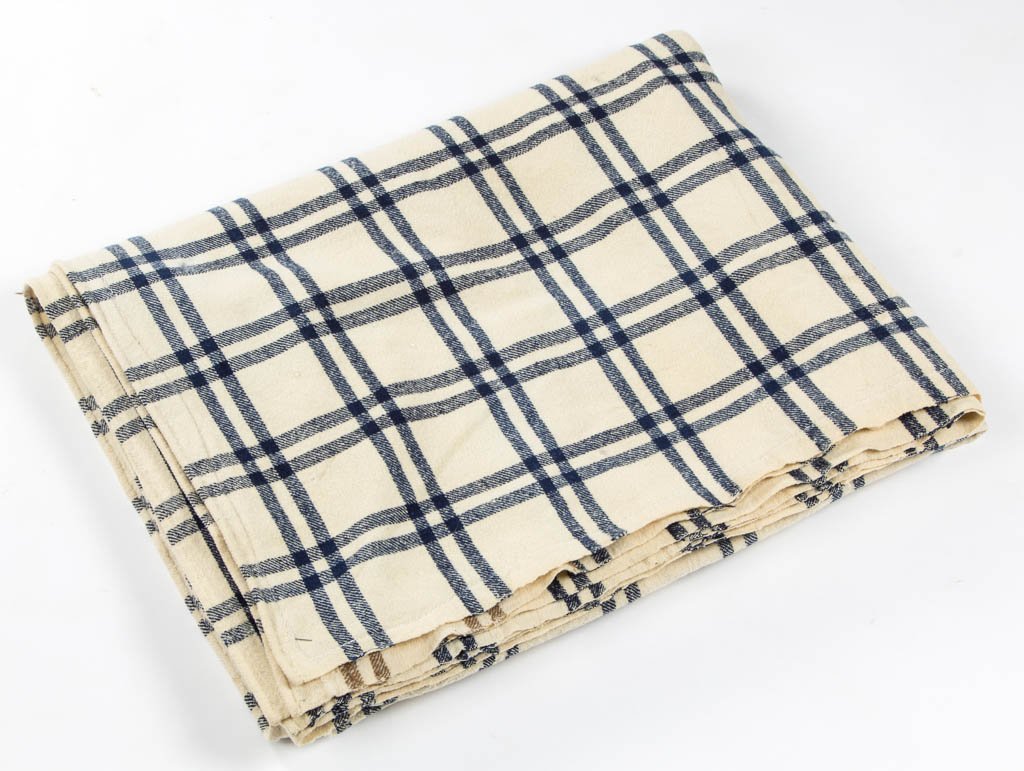 MID-ATLANTIC, POSSIBLY VIRGINIA, HOMESPUN BLANKET: MID-ATLANTIC, POSSIBLY VIRGINIA, HOMESPUN BLANKET, two joined panels, navy blue and one area of light brown in a plaid pattern. Modern printed name tag for "David Stryker" applied to one edge. Second 