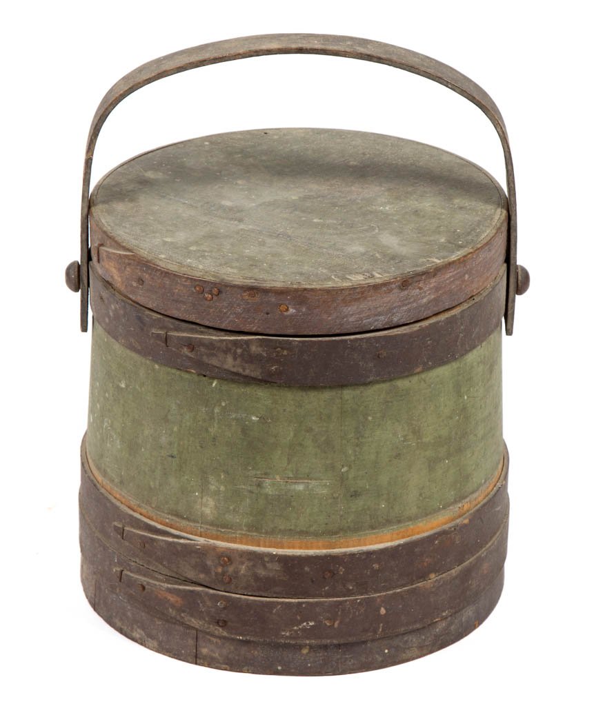 AMERICAN PAINTED TREEN SUGAR BUCKET WITH COVER: AMERICAN PAINTED TREEN SUGAR BUCKET WITH COVER, coopered pine staves and oak/hickory bentwood lapped bands and bail handle. Stenciled "Salisbury, MD" merchant across top of cover. Original green-and b