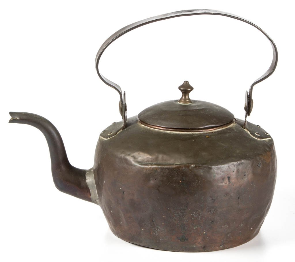 AMERICAN COPPER HOT WATER / TEA KETTLE: AMERICAN COPPER HOT WATER / TEA KETTLE, seamed body, gooseneck spout, and bail handle marked "I DUNN", original cover with cast-brass finial. Attributed to John Dunn, Sr. (active 1790-1823), New York