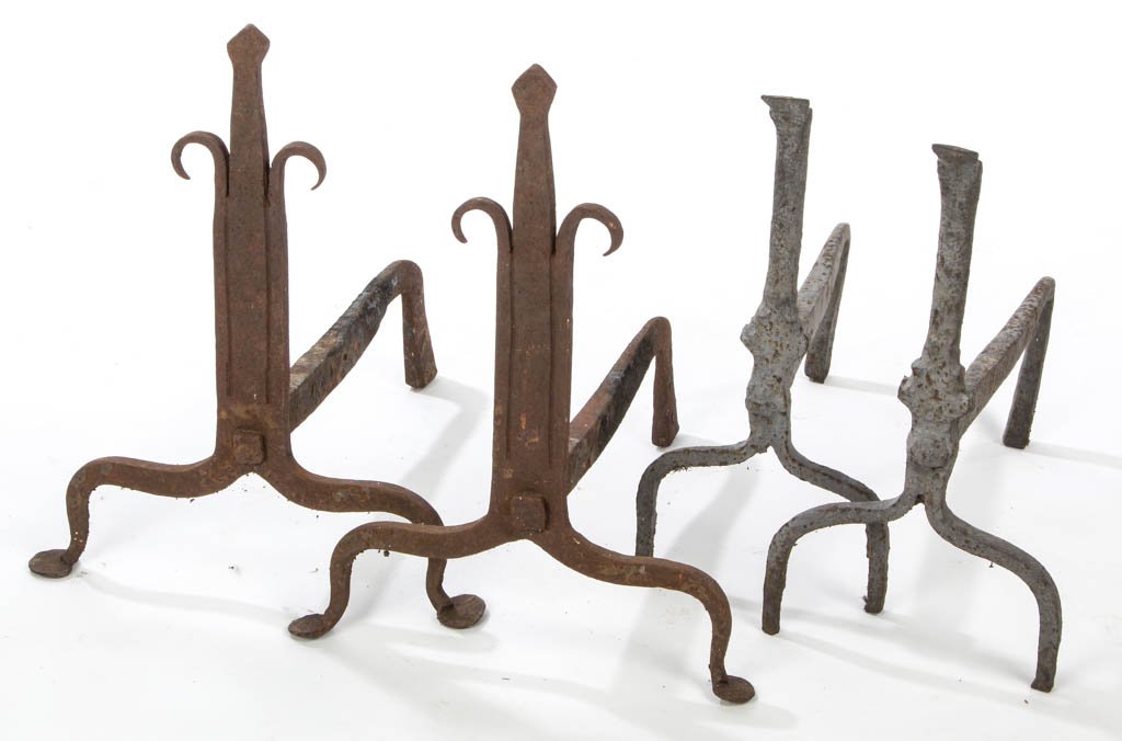 AUGUSTA CO., SHENANDOAH VALLEY OF VIRGINIA,: AUGUSTA CO., SHENANDOAH VALLEY OF VIRGINIA, WROUGHT-IRON ANDIRONS, TWO PAIR, one with forward-tipped scroll at upper shaft terminal, raised on arched legs, retaining old grey-painted surface; the othe