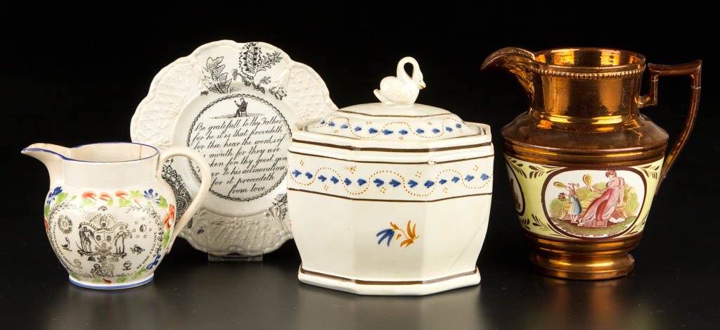 ENGLISH STAFFORDSHIRE POTTERY PEARLWARE AND LUSTER: ENGLISH STAFFORDSHIRE POTTERY PEARLWARE AND LUSTER TABLE ARTICLES, LOT OF FOUR, comprising an oval panelled sugar bowl with swan knop to cover, painted with geometric patterns and sparse floral sprigs