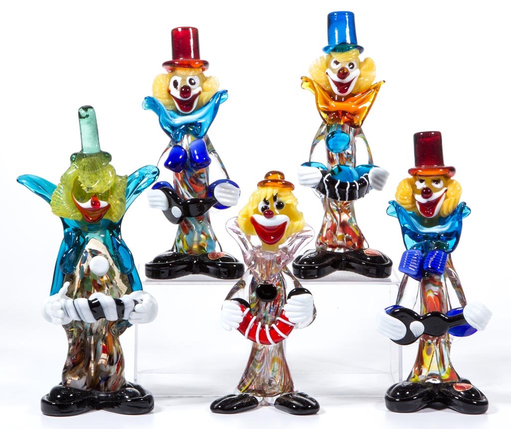 ASSORTED MURANO ART GLASS CLOWNS, LOT OF FIVE (1 of 1)