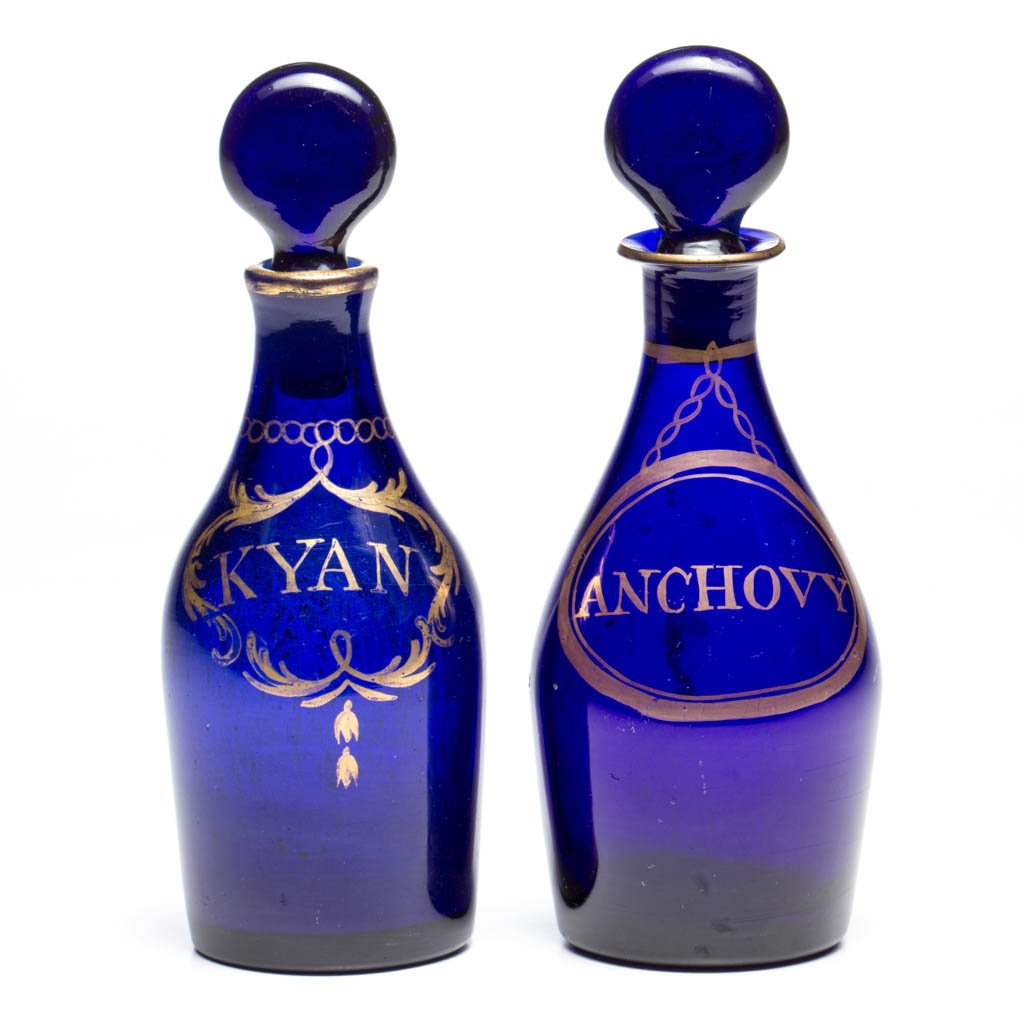 ENGLISH FREE-BLOWN COLORED GLASS CASTER BOTTLES / (1 of 3)