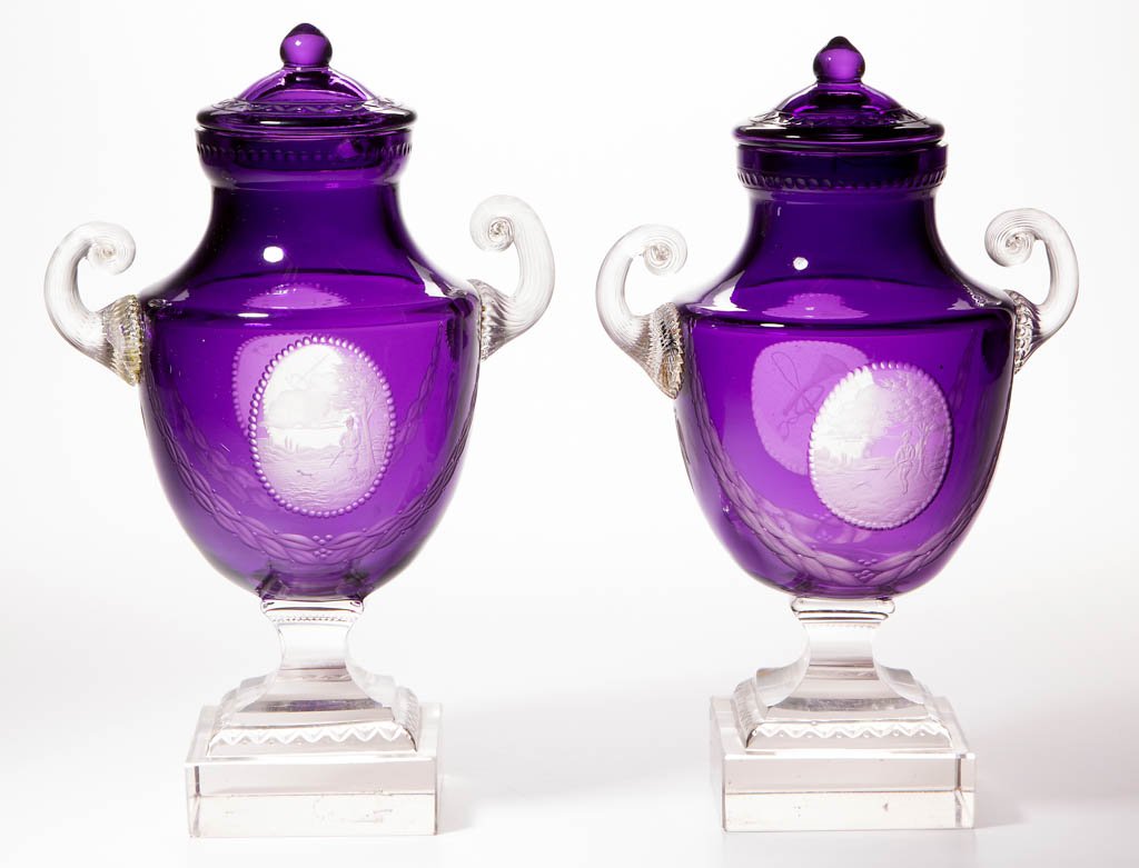 BOHEMIAN CUT OVERLAY AND ENGRAVED PAIR OF MANTLE URNS (1 of 3)